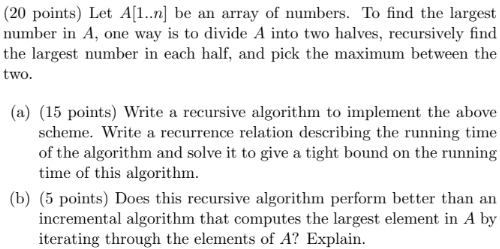 Solved (20 points) Let A[1..n] be an array of numbers. To | Chegg.com