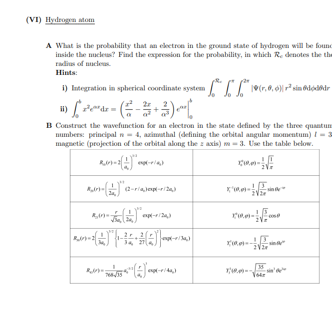 Solved (VI) Hydrogen atom A What is the probability that an | Chegg.com