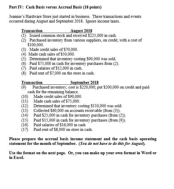 Solved Part IV: Cash Basis Versus Accrual Basis (18 Points) | Chegg.com