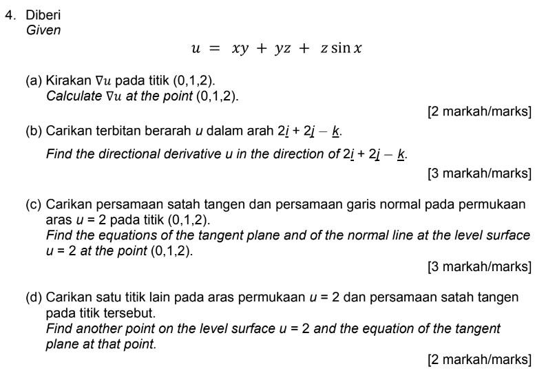 Solved 4. Diberi Given u = xy + yz + z sin x (a) Kirakan Vu | Chegg.com