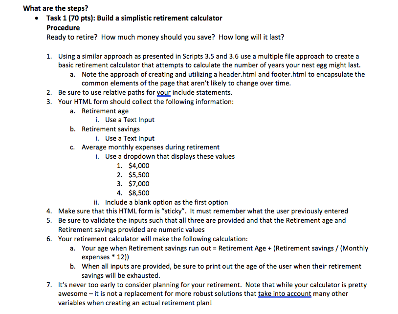 Retirement 707 Example Solved What are the steps? Task 1 (70 pts): Build a | Chegg.com