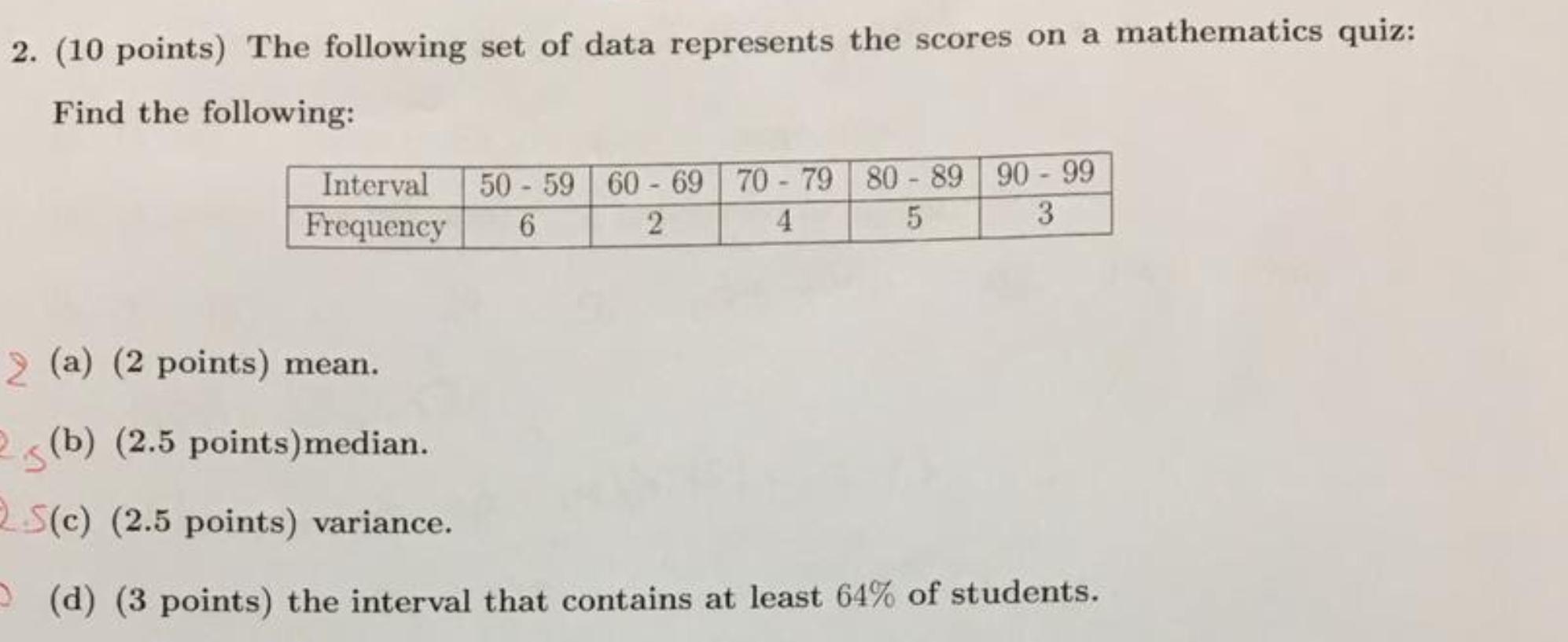 Solved 2. (10 points) The following set of data represents | Chegg.com