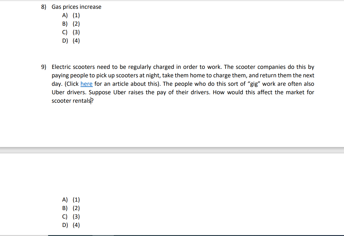 Solved 8) Gas Prices Increase A) (1) B) (2) C) (3) D) (4) 9) | Chegg.com