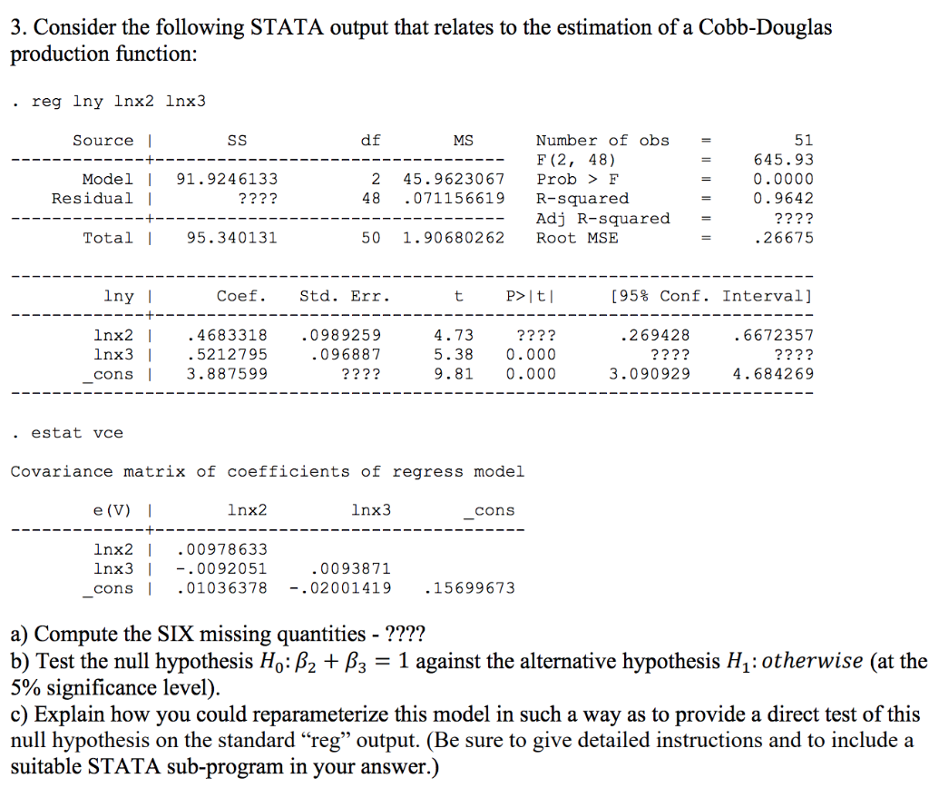 3. Consider the following STATA output that relates | Chegg.com