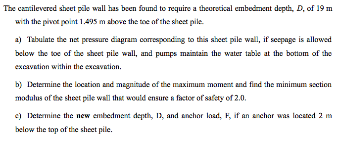 A sheet pile wall is to be installed to support a H = | Chegg.com