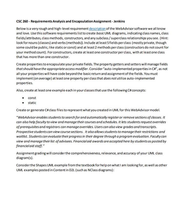 CSC 260 - Requirements Analysis and Encapsulation | Chegg.com