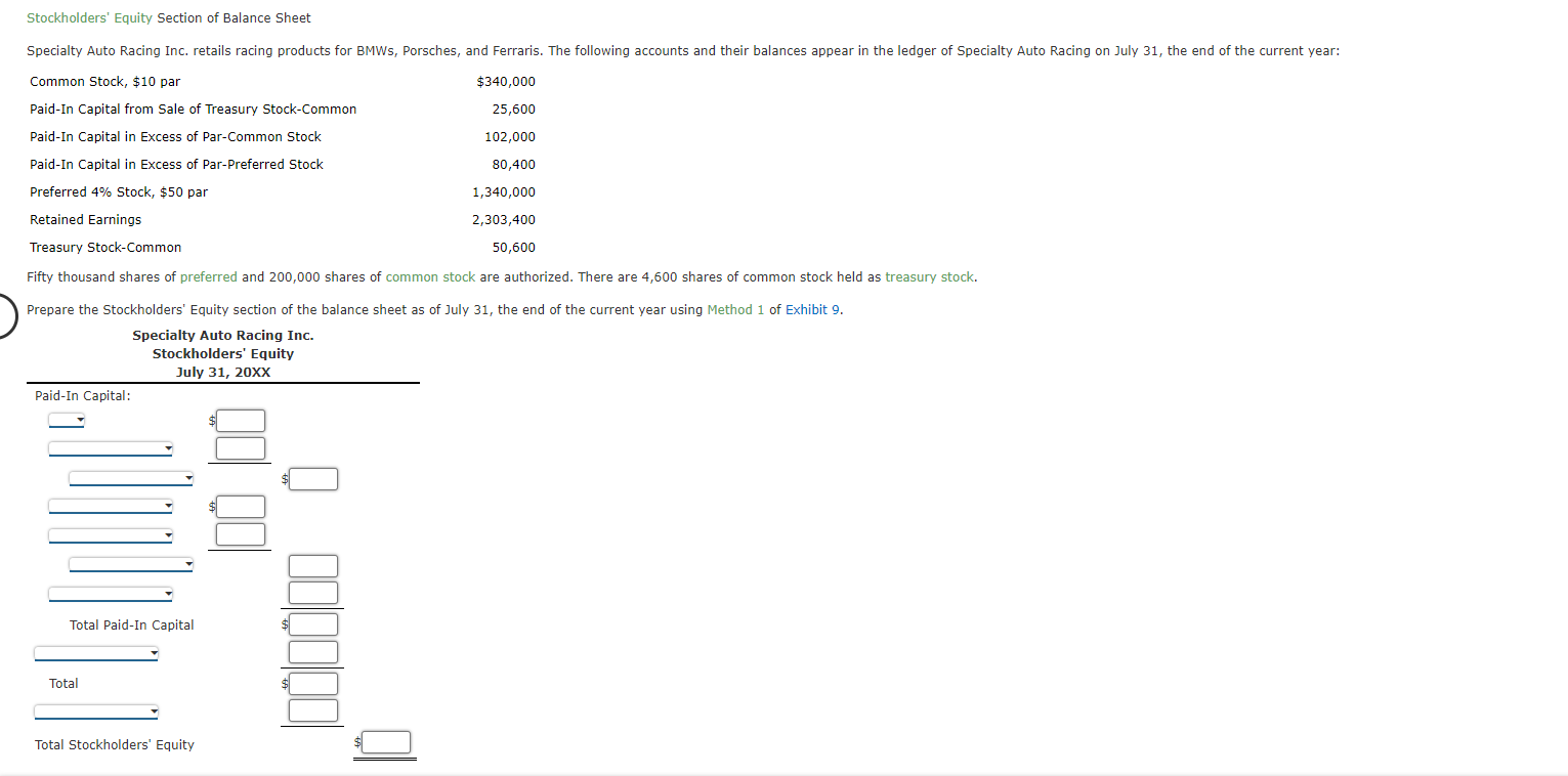Solved Stockholders' Equity Section of Balance Sheet