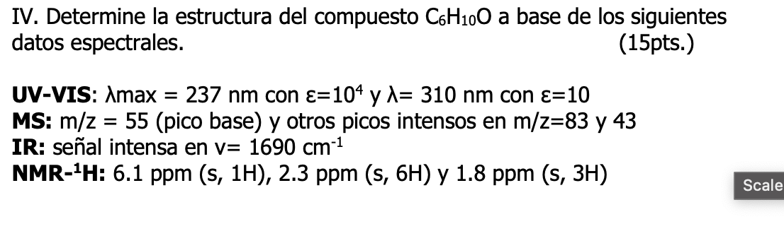 IV. Determine la estructura del compuesto \( \mathrm{C}_{6} \mathrm{H}_{10} \mathrm{O} \) a base de los siguientes datos espe