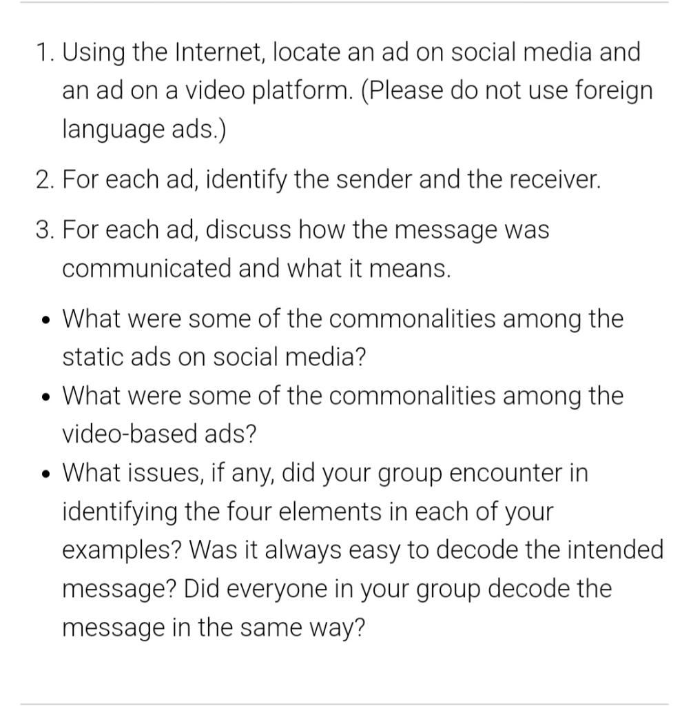 Solved 1. Using the Internet, locate an ad on social media | Chegg.com