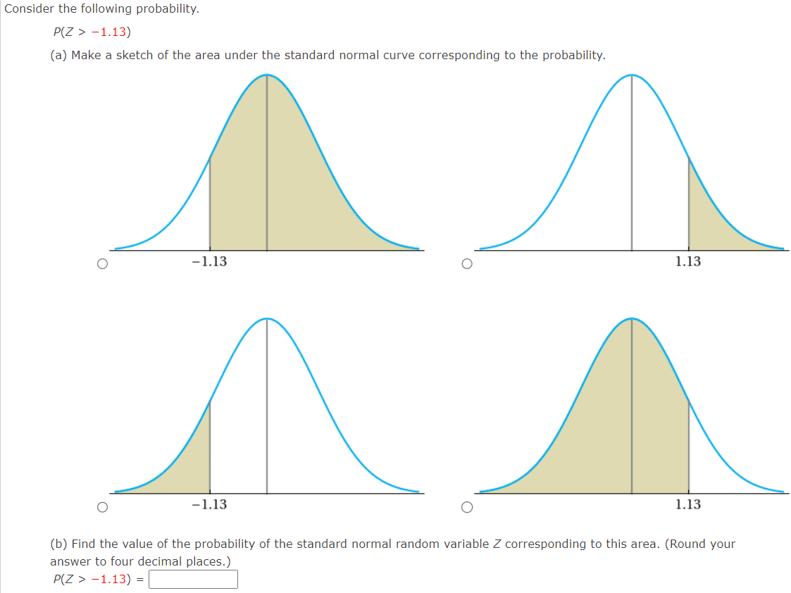 Solved P(Z>−1.13) (a) Make a sketch of the area under the | Chegg.com