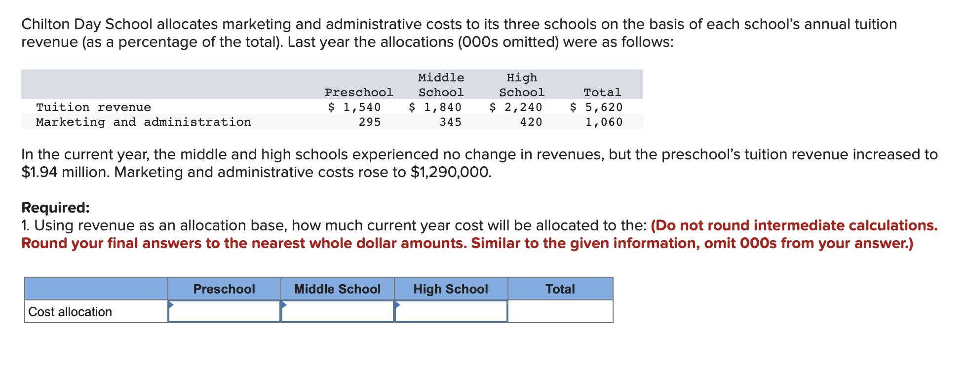 Solved Chilton Day School allocates marketing and | Chegg.com