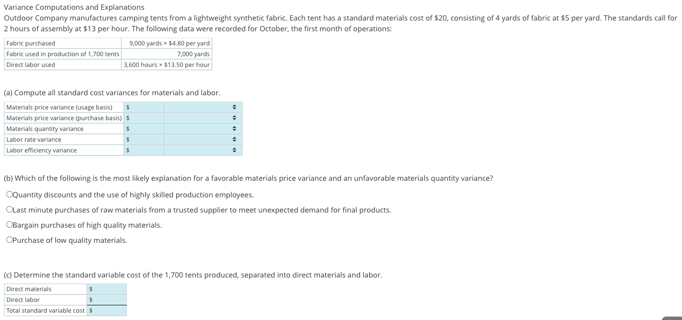 Solved Variance Computations and Explanations Outdoor | Chegg.com