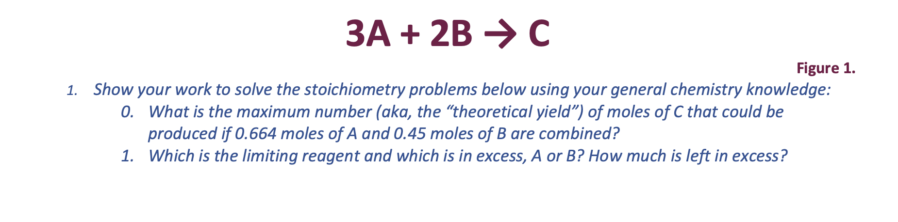 Solved 3A + 2B → C Figure 1. 1. Show your work to solve the | Chegg.com