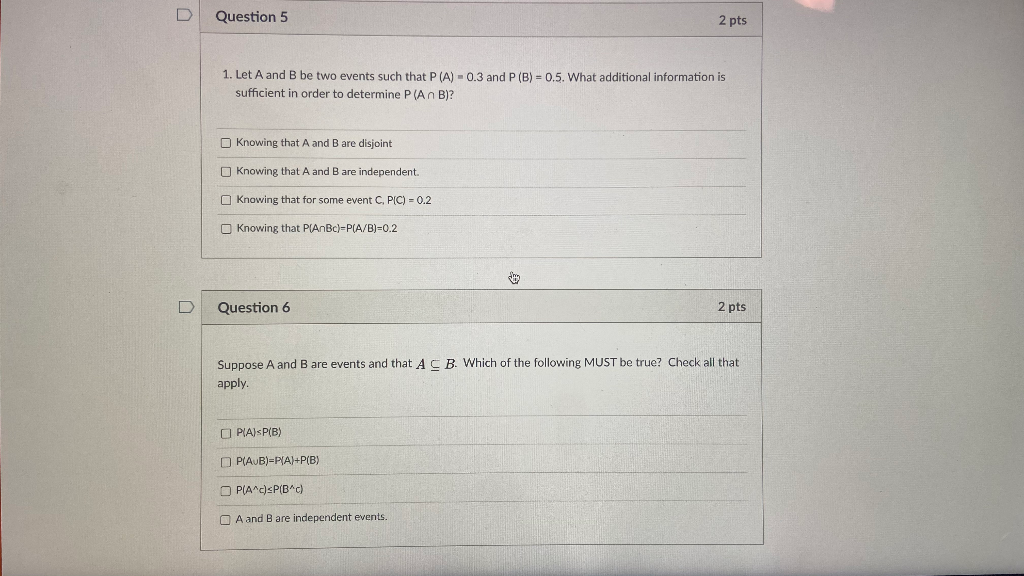 Solved D Question 5 2 pts 1. Let A and B be two events such | Chegg.com