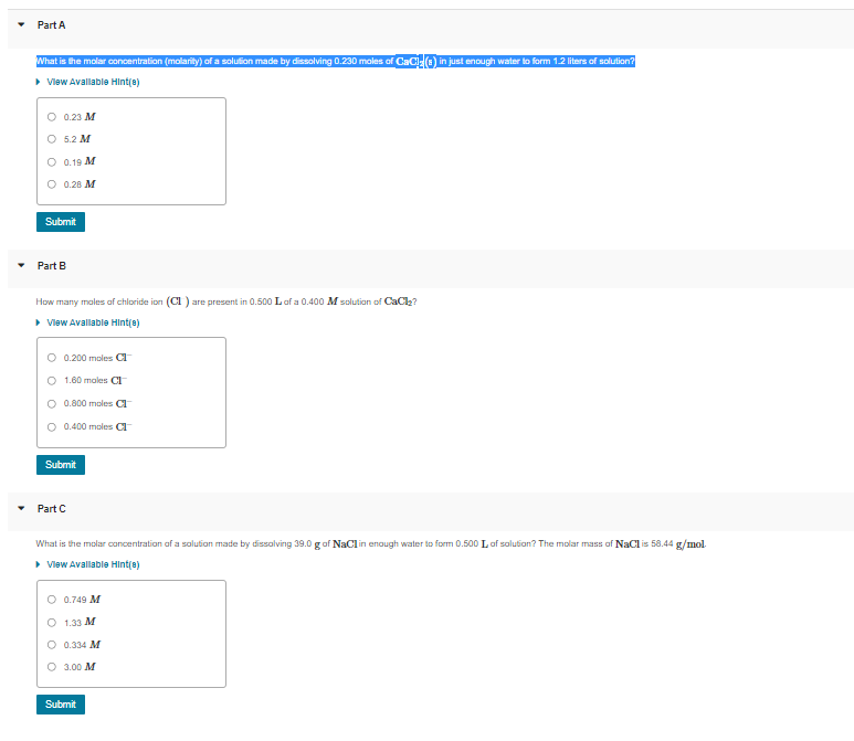 Solved Part A What is the molar concentration (molarity) of | Chegg.com
