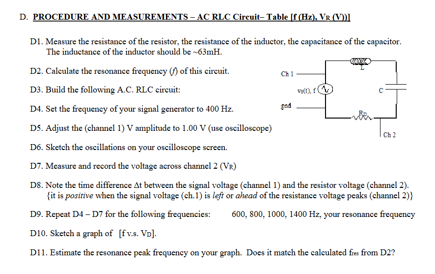 D. ﻿PROCEDURE AND MEASUREMENTS - ﻿AC RLC Circuit- | Chegg.com