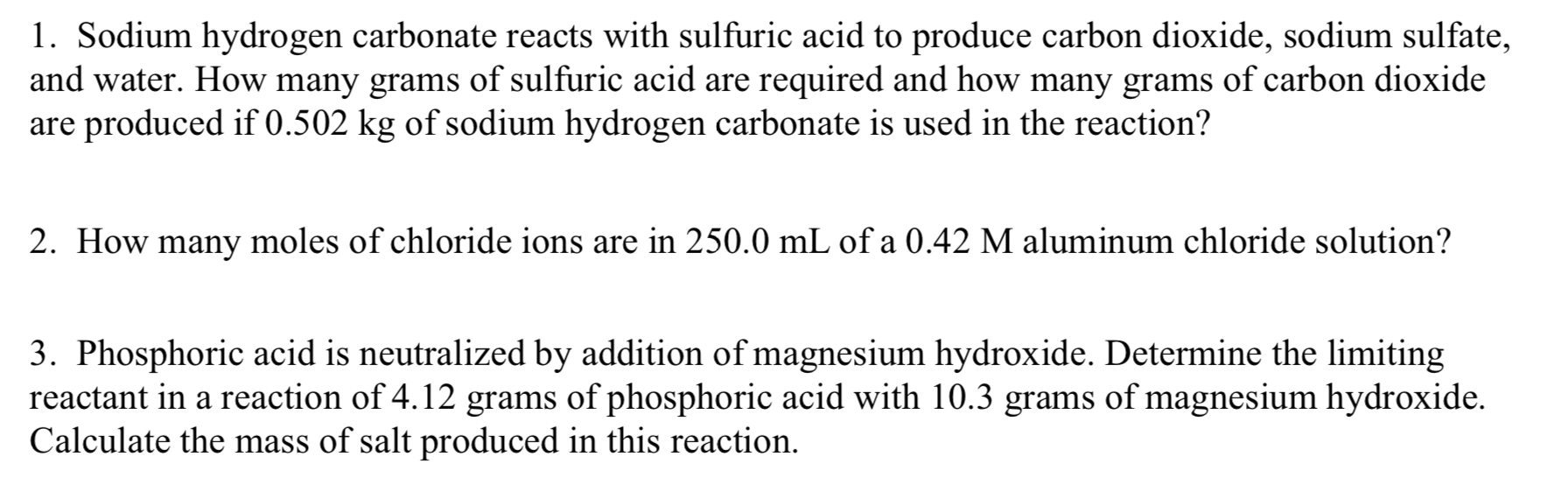 Solved 1. Sodium hydrogen carbonate reacts with sulfuric