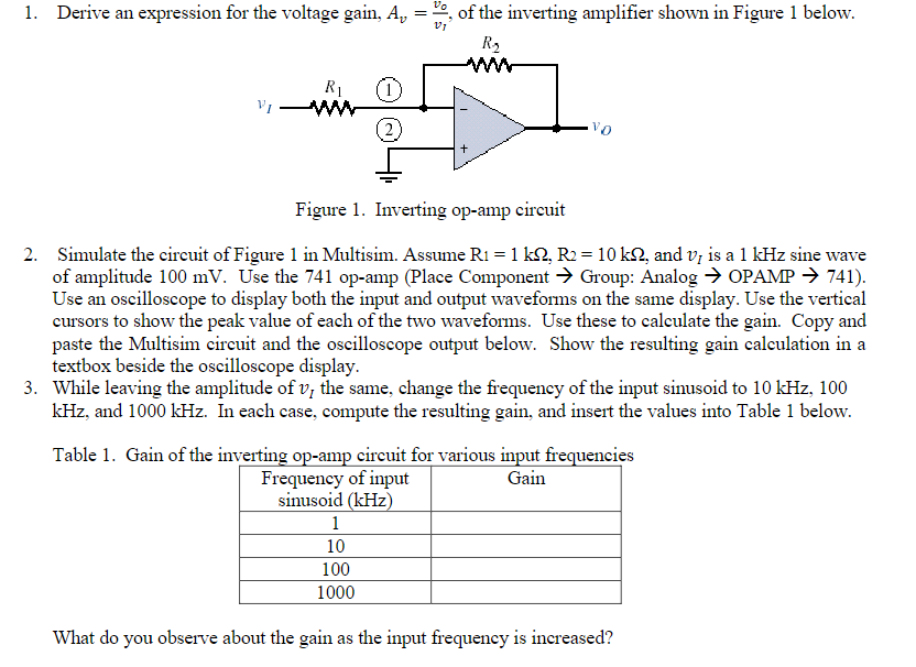 1. Derive an expression for the voltage gain, \( A_{v}=\frac{v_{0}}{v_{I}} \), of the inverting amplifier shown in Figure 1 b