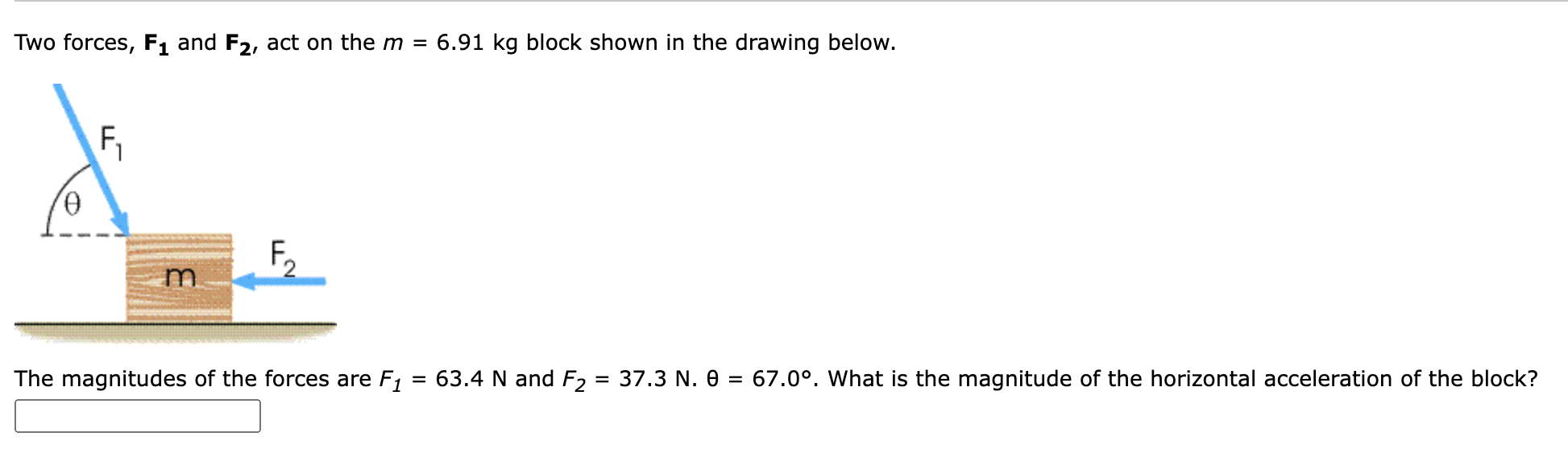 Solved Two forces, F1 and F2, act on the m = 6.91 kg block | Chegg.com