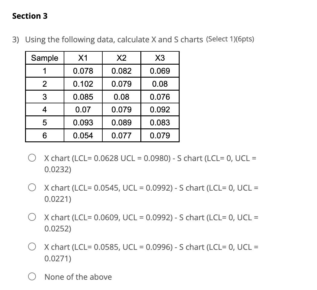 Solved 3) Using the following data, calculate X and S charts | Chegg.com