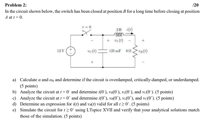 Solved Problem 2: /20 In the circuit shown below, the switch | Chegg.com