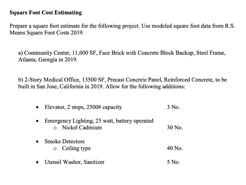 Square foot cost estimating prepare a square foot chegg