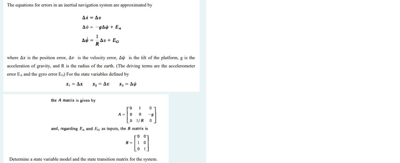 Solved The equations for errors in an inertial navigation | Chegg.com