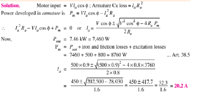 Solution. Motor input = VI.cos o ; Armature Cu loss | Chegg.com