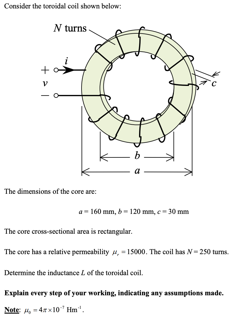 Solved Consider the toroidal coil shown below: N turns + V b | Chegg.com