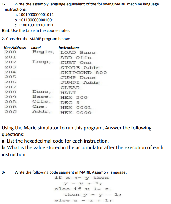 Solved 1 Write The Assembly Language Equivalent Of The