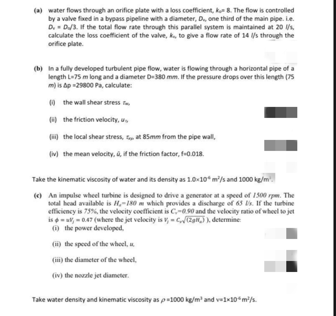 (a) water flows through an orifice plate with a loss