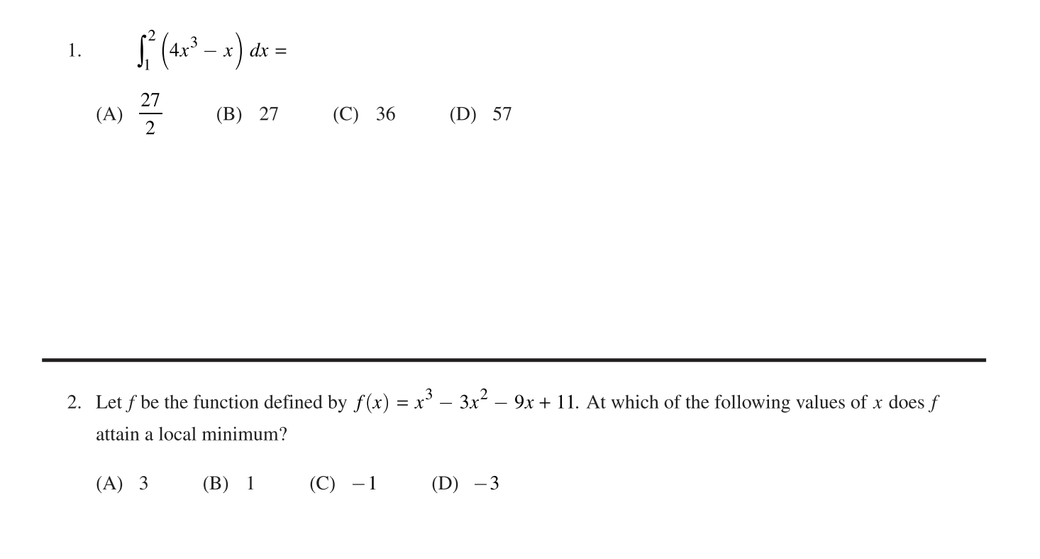 Solved 1. $* (43? – x) dx = A) 27 (B) 27 (C) 36 (D) 57 2 2. | Chegg.com
