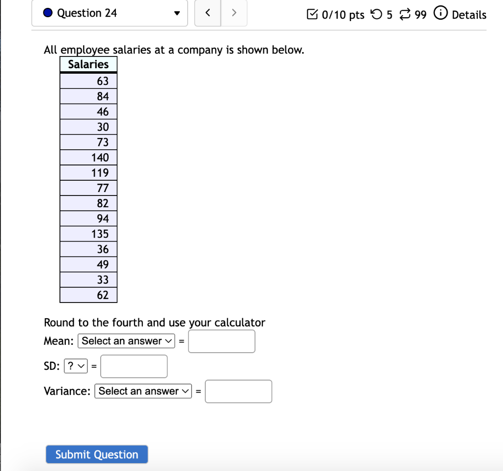 Solved All employee salaries at a company is shown below. | Chegg.com