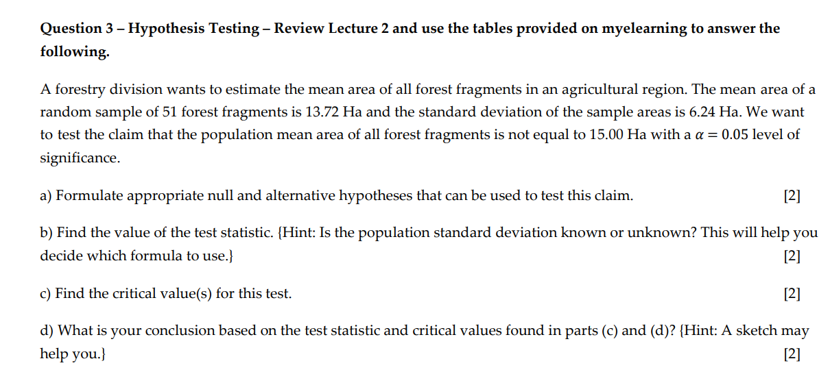 Solved Question 3 - Hypothesis Testing - Review Lecture 2 | Chegg.com