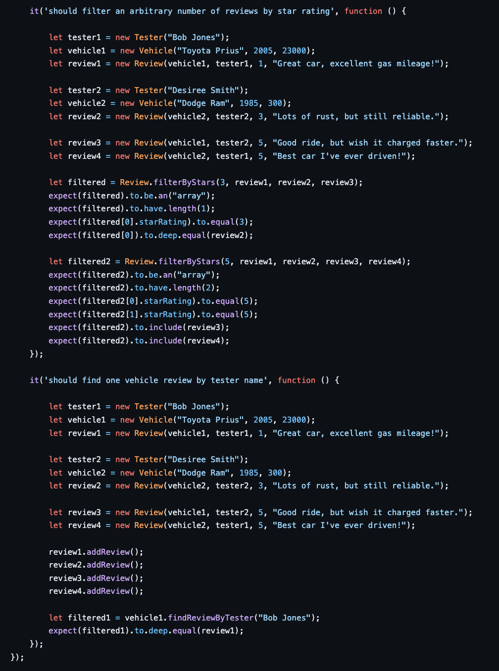 it(should filter an arbitrary number of reviews by star rating, function () \{
let tester1 = new Tester(Bob Jones);
let v