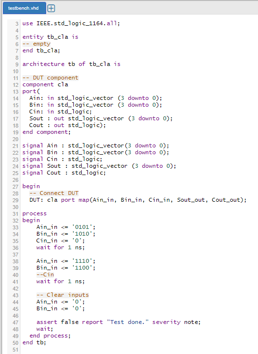 Solved testbench.vhd + 4 H 3 use IEEE. std_logic_1164.all; 5 | Chegg.com