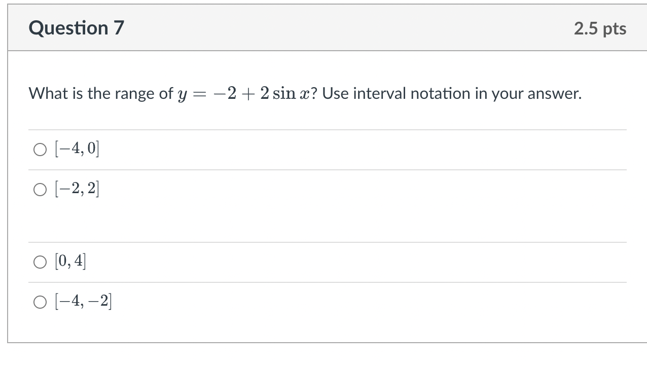 Solved What is the range of y=−2+2sinx ? Use interval