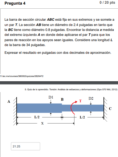 La barra de sección circular \( A B C \) está fija en sus extremos y se somete a un par \( \boldsymbol{T} \). La sección \( \