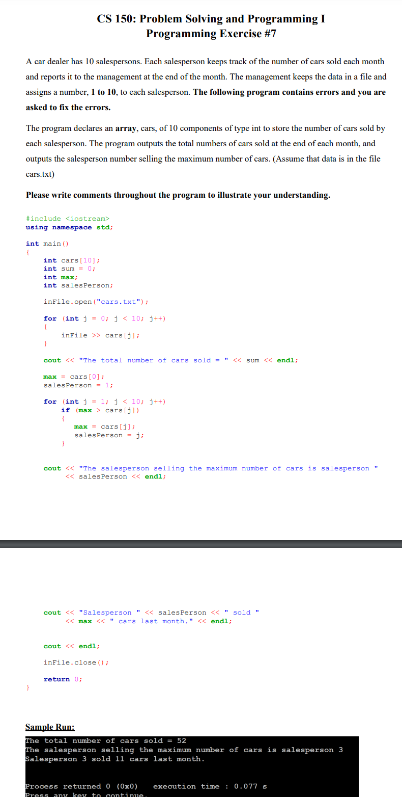Solved I need help fixing a C++ program. The directions and | Chegg.com