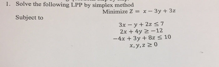 Solved 1. Solve the following LPP by simplex method Minimize | Chegg.com