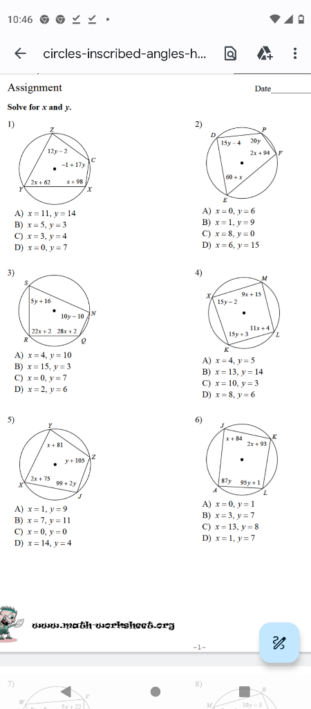 Solve for \( x \) and \( y \) 1 2 A) \( x=11, y=14 \) A) \( x=0, y=6 \) B) \( x=5, y=3 \) B) \( x=1, y=9 \) C) \( x=3, y=4 \)