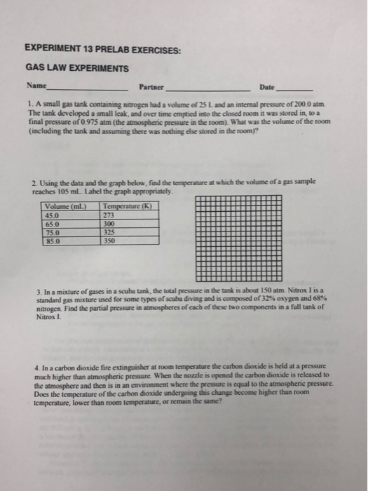 EXPERIMENT 13 PRELAB EXERCISES GAS LAW EXPERIMENTS