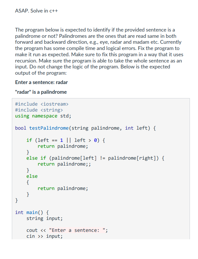 Solved ASAP. Solve in c++ The program below is expected to | Chegg.com