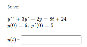 Solve: y + 3y + 2y = 8t + 24 y(0) = 6, y(0) = 5 y y g(t) =