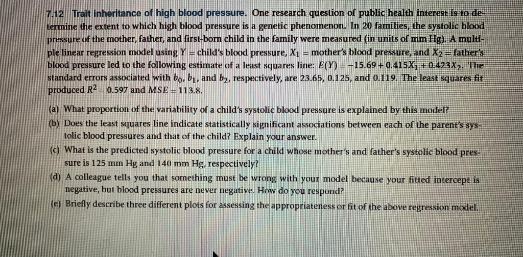 Solved 7.12 Trait inheritance of high blood pressure. One | Chegg.com