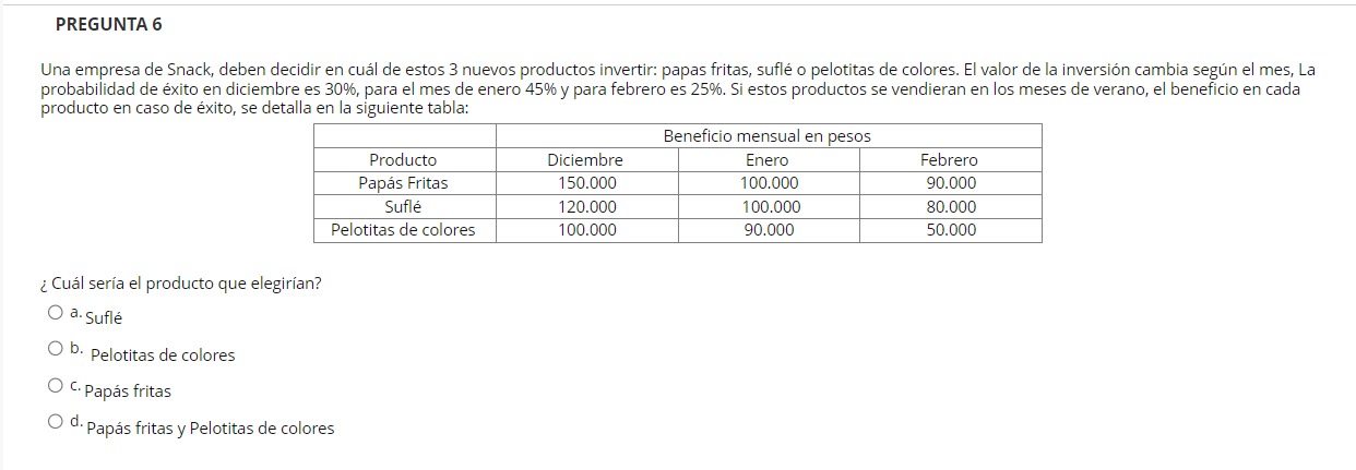 Una empresa de Snack, deben decidir en cuál de estos 3 nuevos productos invertir: papas fritas, suflé o pelotitas de colores.