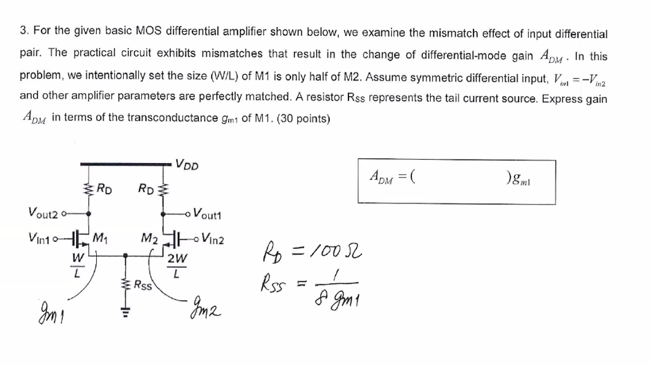 Solved 3. For the given basic MOS differential amplifier | Chegg.com