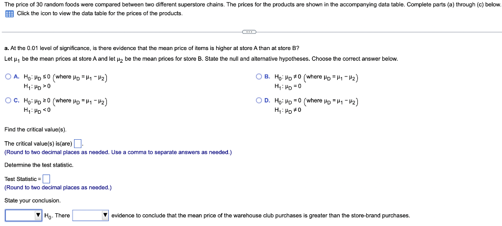 Solved Data table for the prices of the productsa. At the | Chegg.com