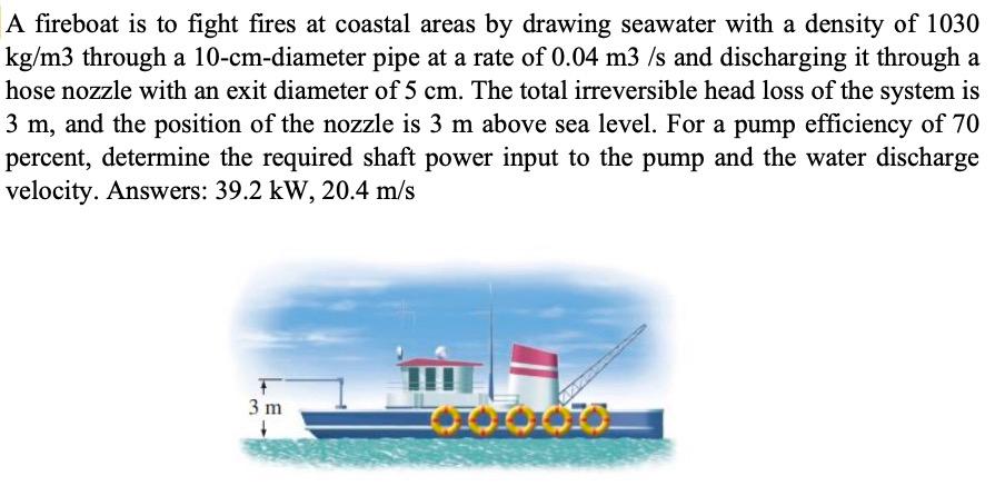 A fireboat is to fight fires at coastal areas by drawing seawater with a density of 1030 \( \mathrm{kg} / \mathrm{m} 3 \) thr