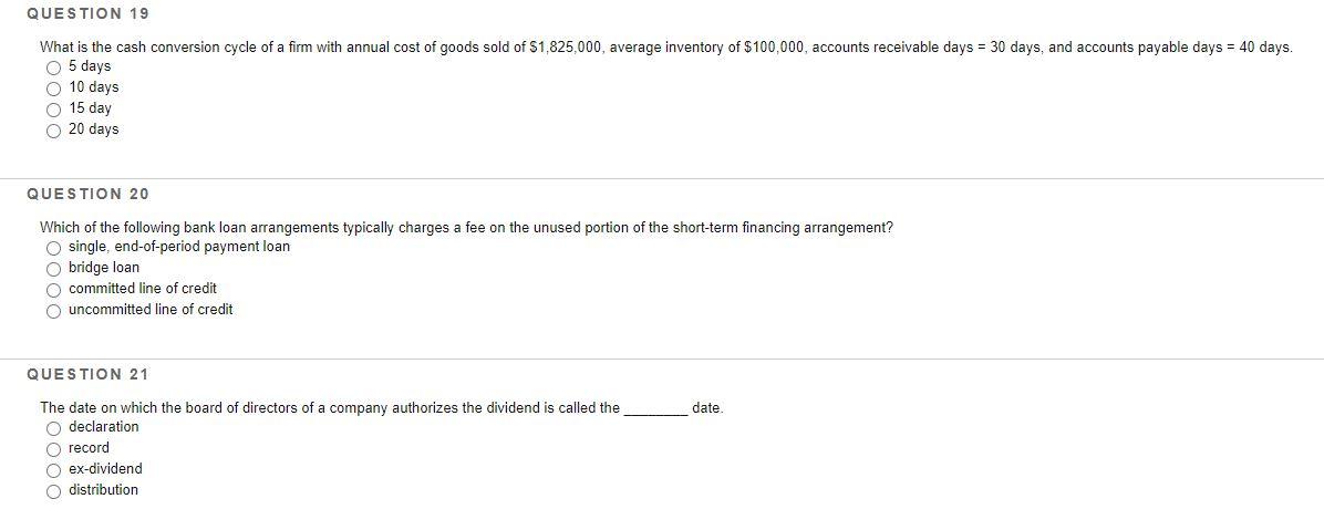 Solved Question 19 What Is The Cash Conversion Cycle Of A